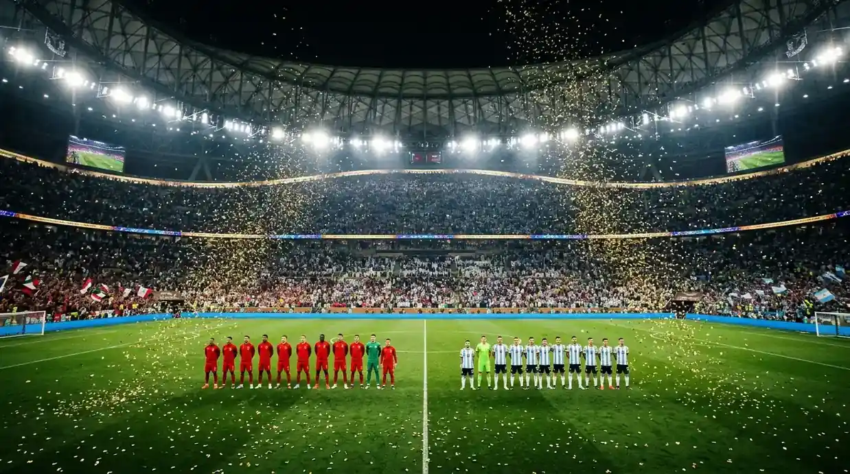Kaksi joukkuetta rivissä ennen finaalin alkua täydellä stadionilla, kultaista konfettia ilmassa