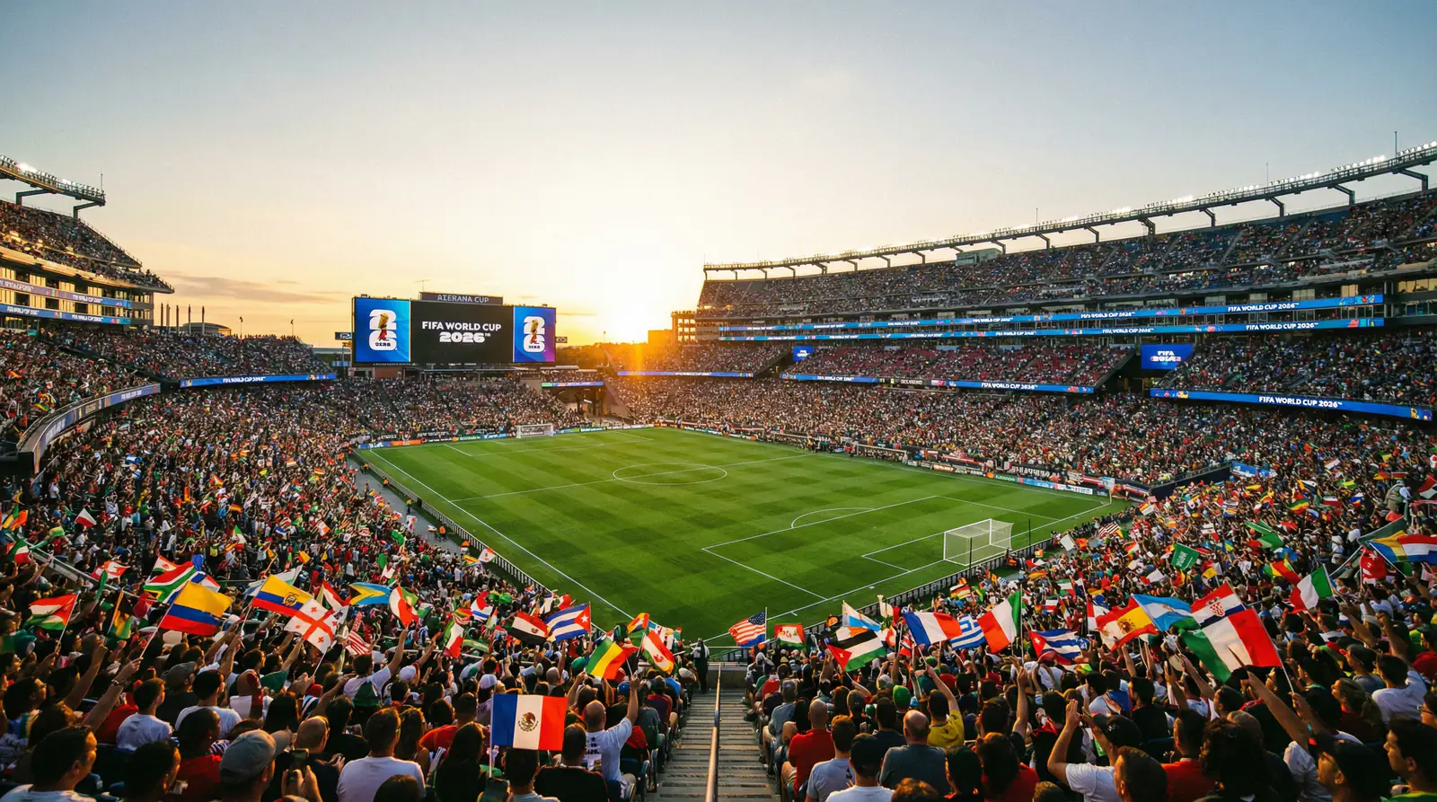 MM-kisat 2026 stadion täynnä katsojia jalkapallo-ottelussa