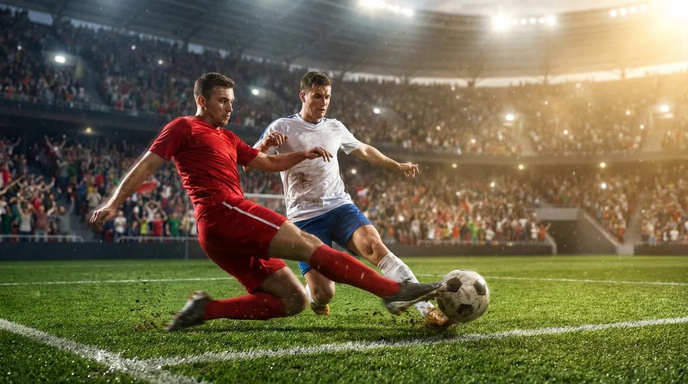 Jalkapallopelaajat taistelevat pallosta intensiivisessä ottelussa