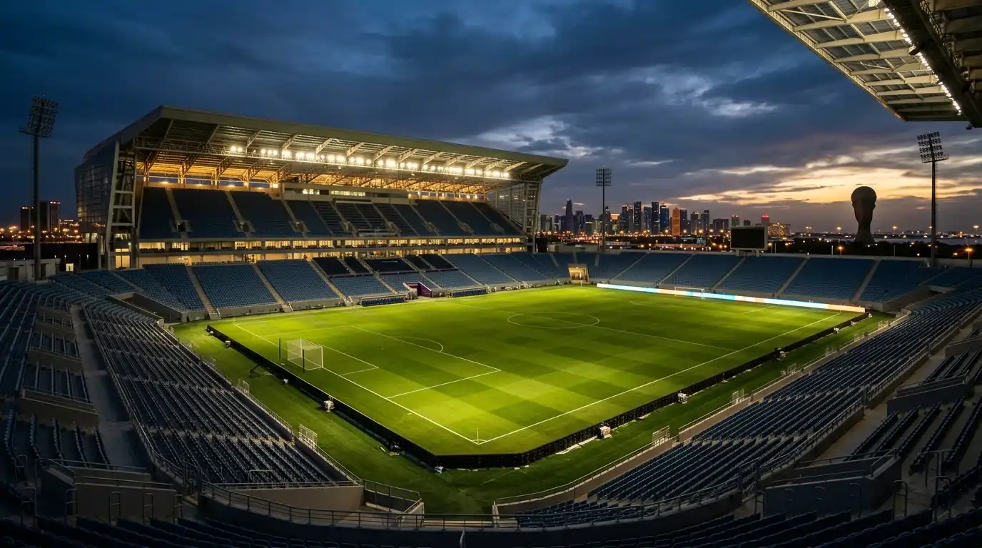 Tyhjä valaistu jalkapallostadion hämärässä ennen suurta ottelua, pokaali siintää taustalla