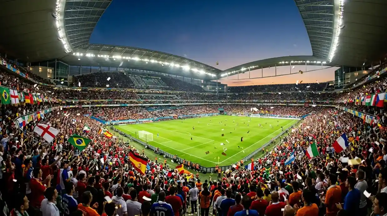 Ilmakuva suuresta jalkapallostadionista yöllä täynnä valoja ja väkijoukkoa, mittakaava korostuu