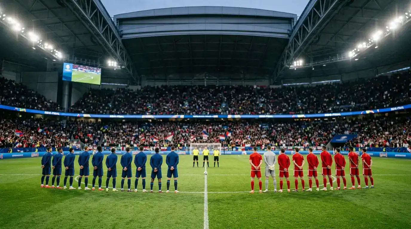 Kaksi huippujoukkuetta vastakkain valaistulla stadionilla ennen suurta välieräottelua