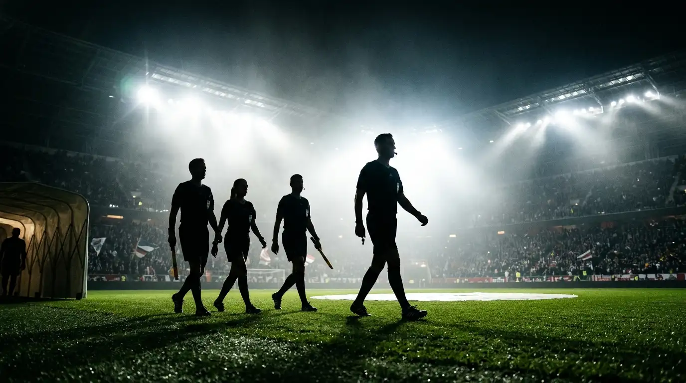 Erotuomariryhmä saapuu valaistulle MM-stadionille illalla, dramaattinen tunnelma