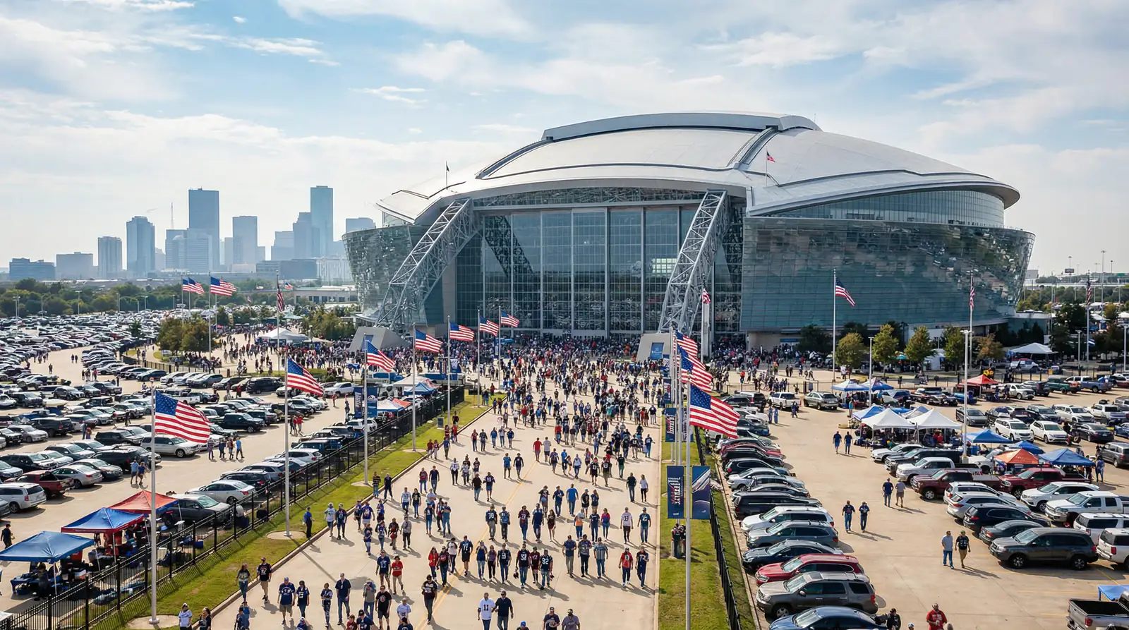 Moderni jalkapallostadion täynnä katsojia Pohjois-Amerikassa